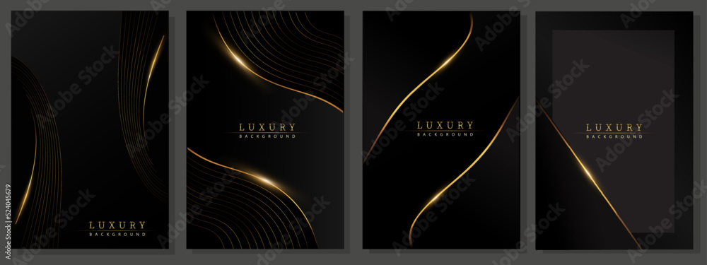 Luxury gold and black covers. Modern design, wavy gold  lines and shiny on gradient dark background. Elegant pattern for business, deluxe events, invitations. - obrazy, fototapety, plakaty 