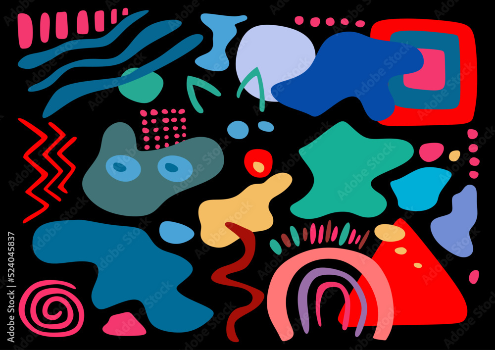 Obraz premium Big abstract set of hand drawn various shapes and doodle objects on black background. Colorful shapes.