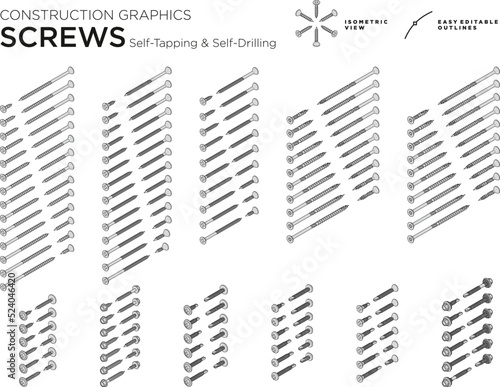 Screws, Self-Tapping, Self-Drilling fasteners. Easy editable outline graphics. Isometric view