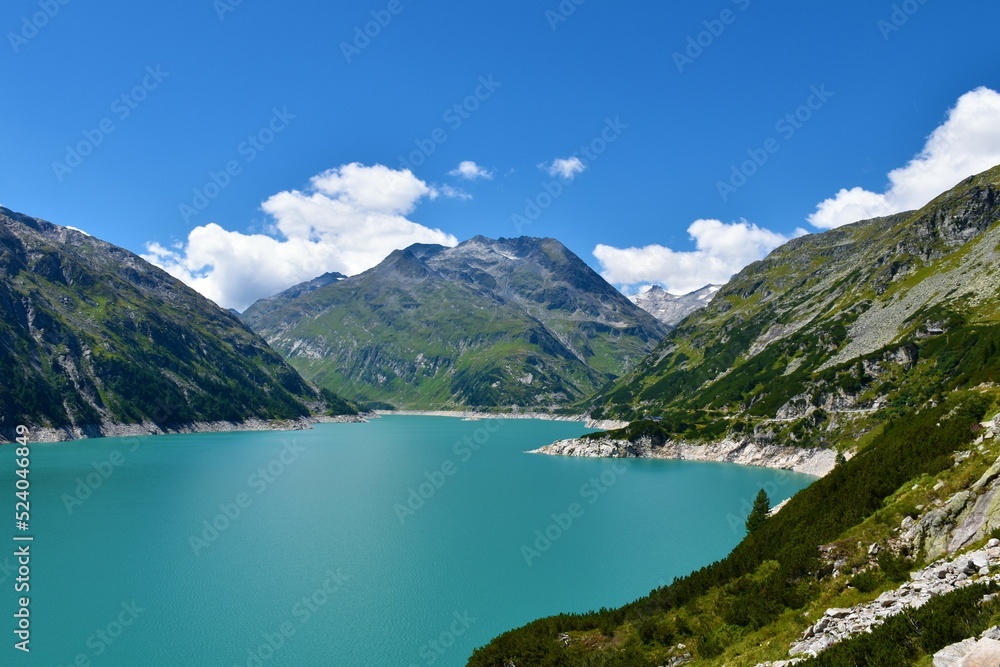 View of mountain Schwarzhorn and Kölnbreinspeicher accumulation lake bellow in High Tauern in Carinthia, Austria