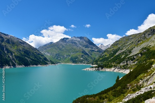 View of mountain Schwarzhorn and Kölnbreinspeicher accumulation lake bellow in High Tauern in Carinthia, Austria