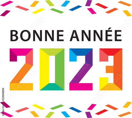 2023 multicolore. Carte de vœux bonne année. Illustration vectorielle avec confettis. Texte en français. Flat design origami style II.