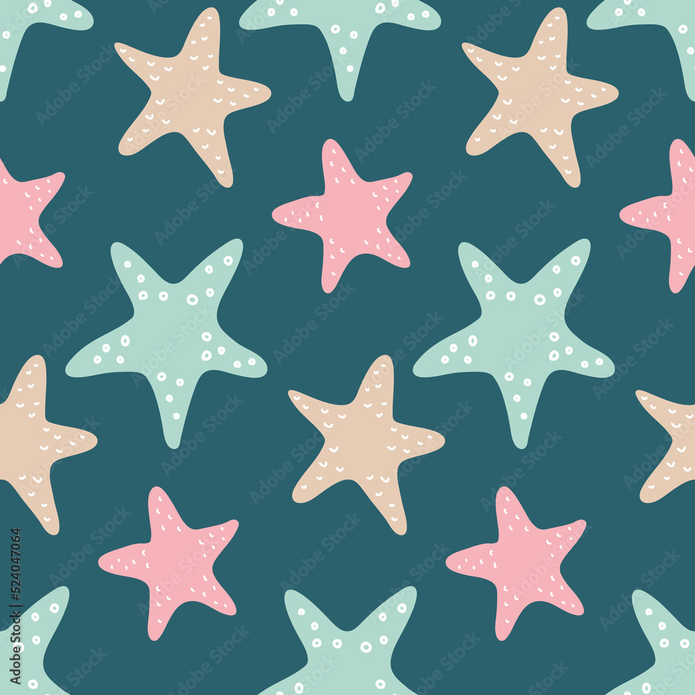 Pastel starfish on dark background seamless pattern for design illustration