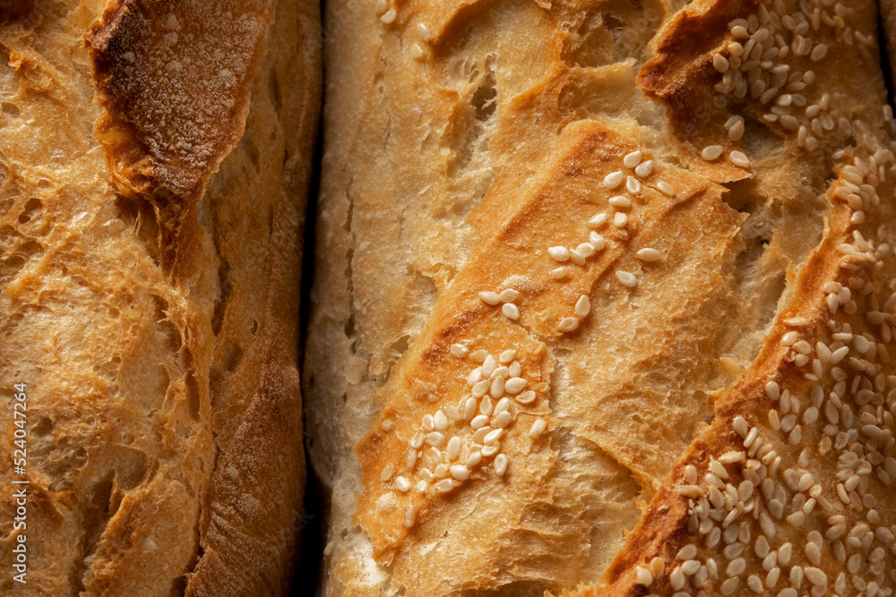 Close up of french crusty baguette, bread bakery themes