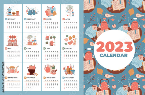 Childish calendar 2023 template with hand drawn cozy four seasons elemenst. Week starting on sunday. Ready to print. Cute vector illustrations in flat style. photo