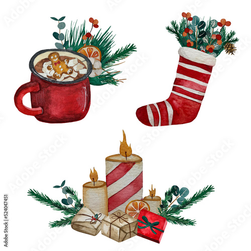 Watercolor Christmas composition. A mug of cocoa, a sock for New Year's gifts, a candle on the Christmas table