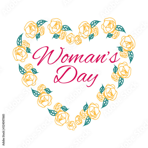 Holiday card, compliment, gift. For any holiday event and celebration. Congratulation square card with hand drawn text. Popular wish phrases. Woman's day in floral frame