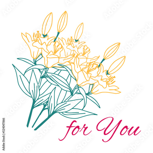 Holiday card, compliment, gift. For any holiday event and celebration.Congratulation square card with hand drawn text. Popular wish phrases for you. Lily flowers