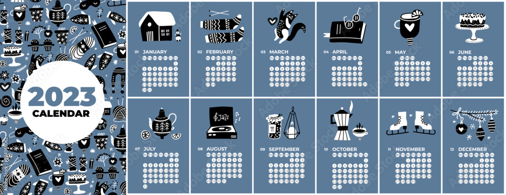 Calendar template for 2023. Vertical design doodles of four seasons  activities. Editable page template with vector balck and white  illustrations, set of 12 months with cover. Week starting on monday Stock  Vector |