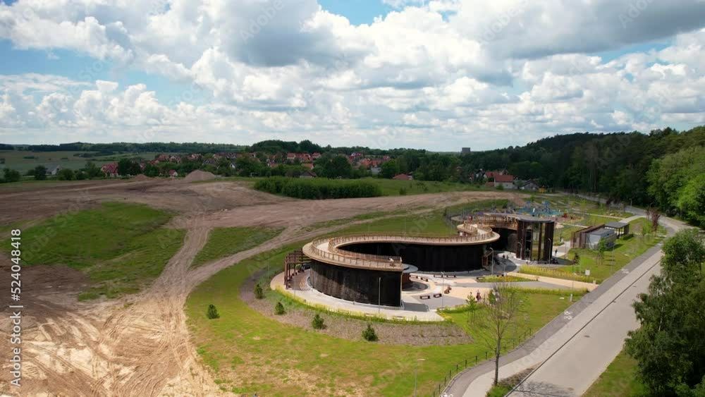 Aerial Drone over park, tower in Poland. Public area. Kids playing. Aerial Drone over park, tower in Poland. Public area. Kids playing.