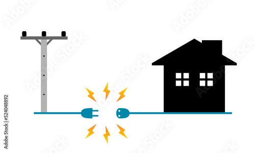 Voltage power electric pole to transmit electricity to house or home power failure outage plug and socket unplug on white background icon flat vector design.