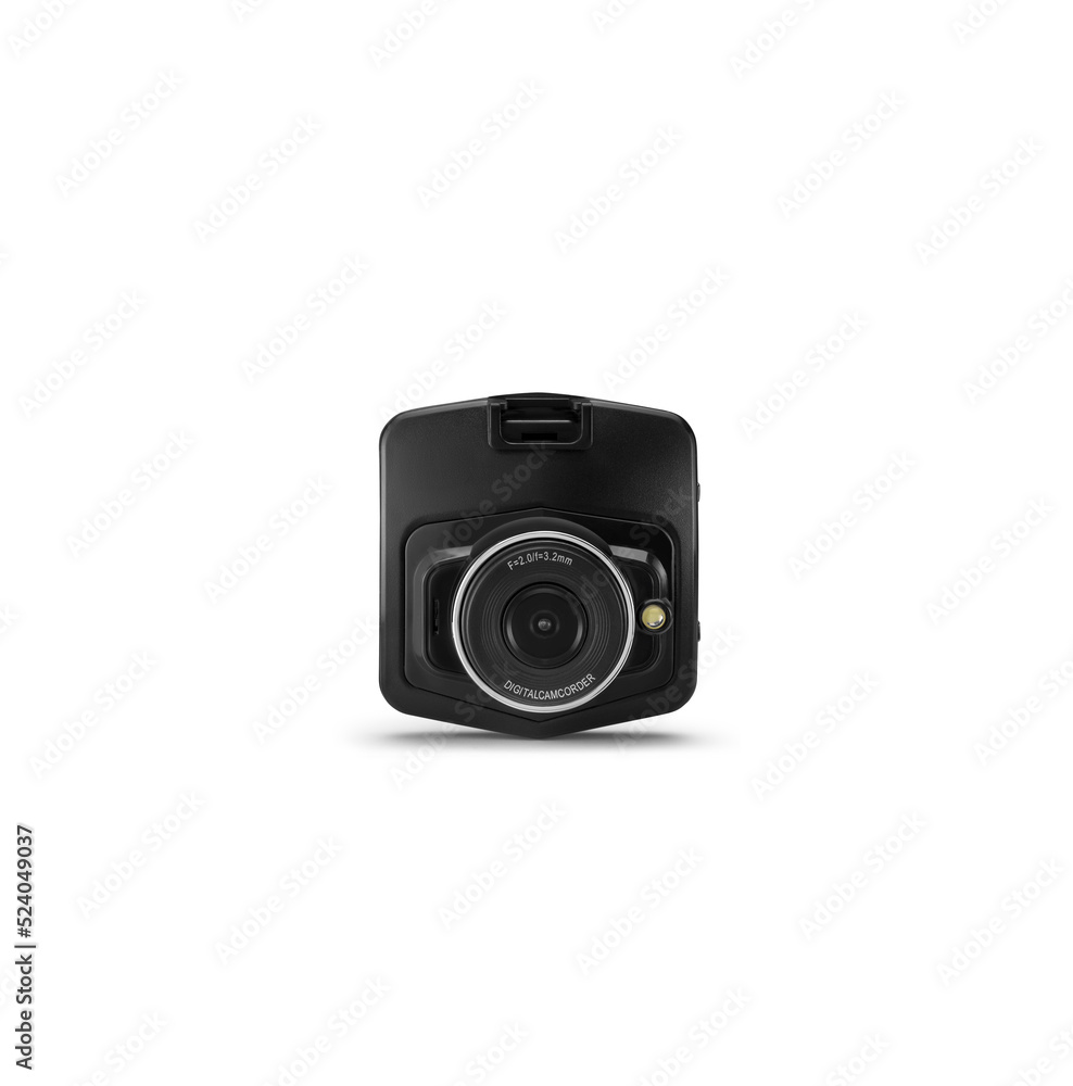 Front view of simple black digital dash camera or for cars, isolated on white