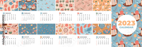 2023 calendar with 12 months. Vertical design template. Four seasons nature cute cozy patterns. Natural mood. Vector illustration in flat cartoon style. Week starting on sunday.