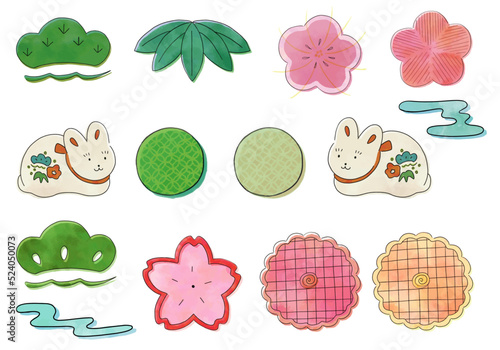 お正月の飾りとうさぎのイラストセット