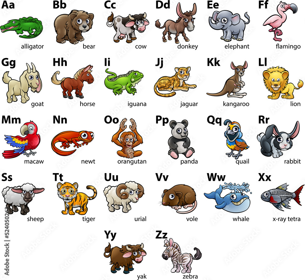 Cartoon Animal Alphabet Chart Set Stock Illustration | Adobe Stock