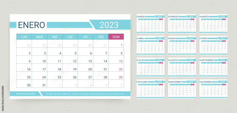 Calendar 2023 year. Spanish planner template. Week starts Monday. Desk schedule grid. Yearly corporate organizer. Calender layout. Horizontal monthly diary with 12 month. Vector simple illustration Calendar 2023 year. Spanish planner template. Week starts Monday. Desk schedule grid. Yearly corporate organizer. Calender layout. Horizontal monthly diary with 12 month. Vector simple illustration