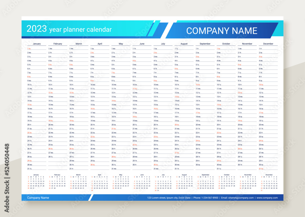 2023 year calendar planner. Desk calender template. Annual daily