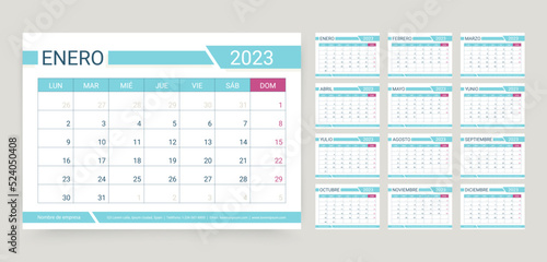 Calendar 2023 year. Spanish planner template. Week starts Monday. Desk schedule grid. Yearly corporate organizer. Calender layout. Horizontal monthly diary with 12 month. Vector simple illustration photo