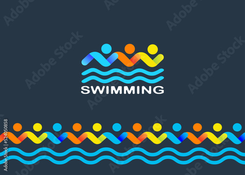 Swimming logo and border design on dark blue background. Vector