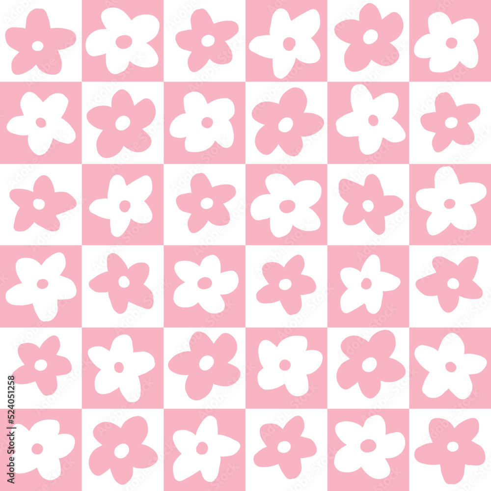 Bold Modern Daisy Floral Ditzy Seamless Repeat Pattern Scattered Checkered Gingham Retro Pattern