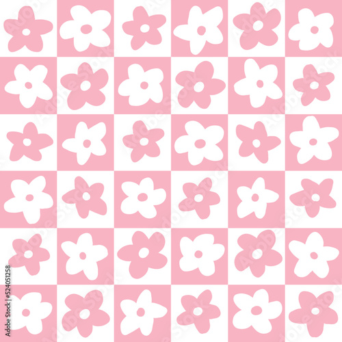 Bold Modern Daisy Floral Ditzy Seamless Repeat Pattern Scattered Checkered Gingham Retro Pattern
