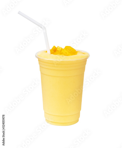 Fresh Mango ripe organic yellow smoothie honey mix with Straw in plastic glass, Garnish. Ripe mangoes are popular all over world. Perfect for summer drink. Healthy food. 