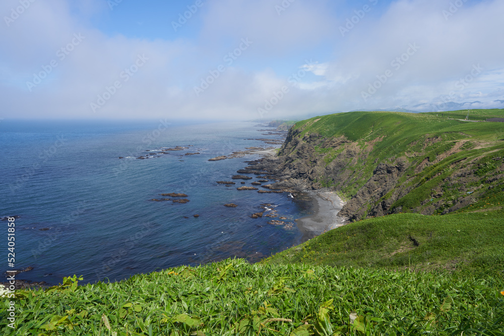 Cape Erimo in summer and blue sea Cape Erimo in summer and blue sea