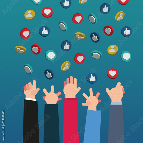Hands reaching followers, comment, like and love notification icon