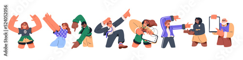 Happy characters gesturing with hands, showing, advertising smth. People in funny poses presenting, pointing with fingers up, down, side. Flat graphic vector illustration isolated on white background