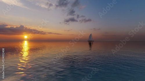 Sailboat sunset fantasy with a silhouetted boat sailing along its journey against a vivid colorful sunset with birds flying in formation against an orange and yellow color filled sky. © adobedesigner