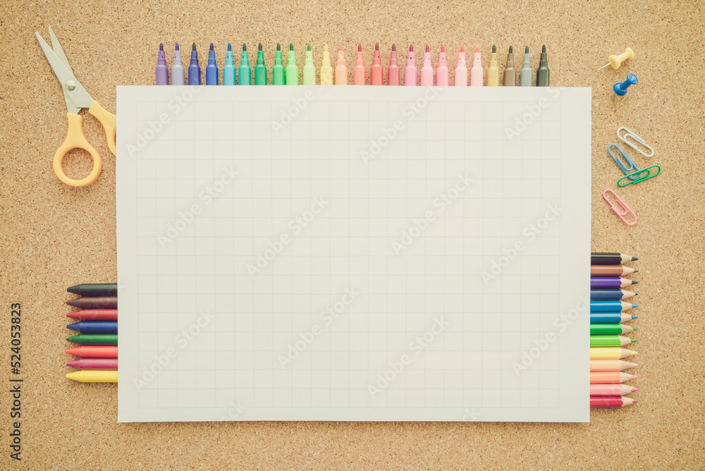 Top view of art education equipment (color pen, pencil, crayon, blank paper, clip, etc). Art drawing, education, creative idea concept. Top view of art education equipment (color pen, pencil, crayon, blank paper, clip, etc). Art drawing, education, creative idea concept.