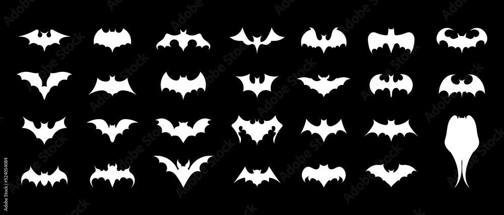 Bats icons set. White flat silhouettes of bats. Icons for Halloween design. Vector illustration isolated on black background.