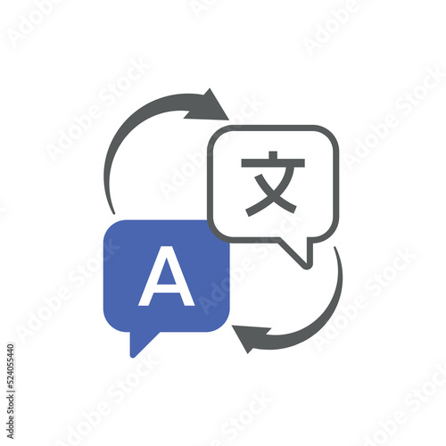 Chat bubbles with language translation icons isolated on white background. Logo for translator app. Online language translator. Vector stock