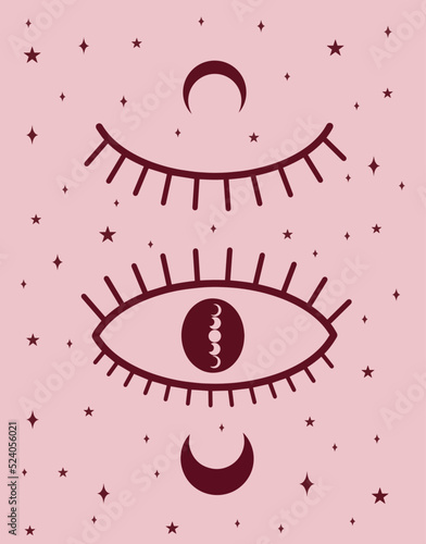 Magical pink illustration. Eyes with moon on the light pink background. Vector art