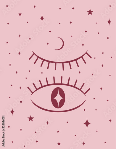 Magical pink illustration. Eyes with moon on the light pink background. Vector art
