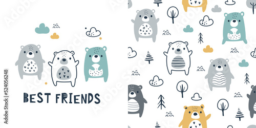 Сhildish pattern with bear friends, baby shower card. Animal seamless background, cute vector texture for kids bedding, fabric, wallpaper, wrapping paper, textile, t-shirt print © Colorlife