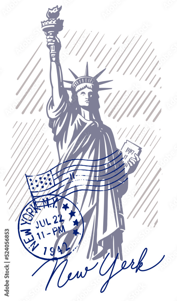 Statue of Liberty with stamps vector. New York