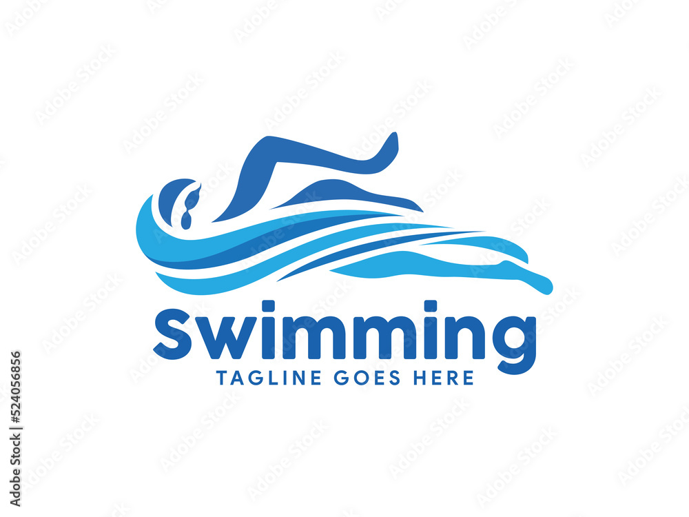 Logo swimming in Silhouette Ocean Waves. Swimming Pool Logo.