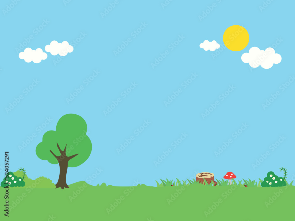 Spring landscape meadow with trees, flower, sun and clouds vector illustration