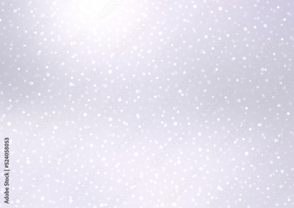 Light glittering snow falling on white winter landscape defocus background. Airy subtle glowing holidays backdrop. Pure outside blur illustration.