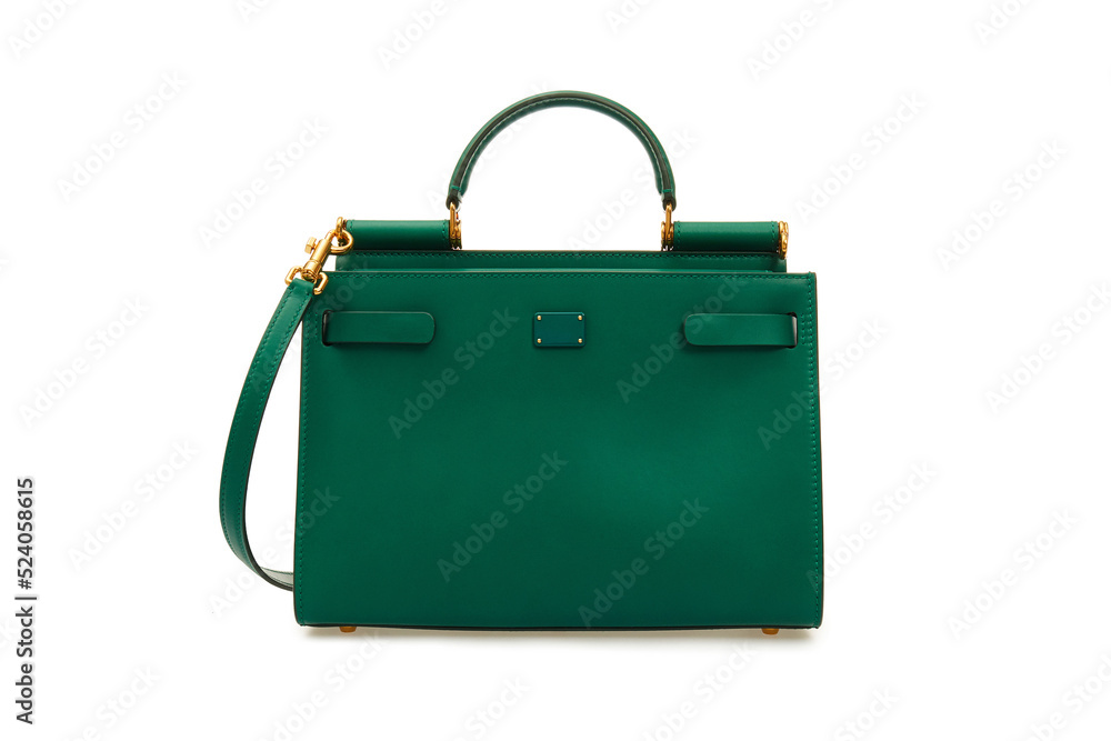 Big women's emerald Leather Handbag Isolated on White Background. Female green handle bag. Front view. Mock up, template Big women's emerald Leather Handbag Isolated on White Background. Female green handle bag. Front view. Mock up, template