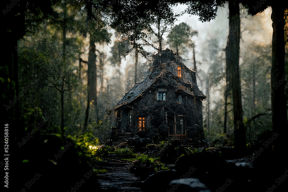 Painting of mysterious house in the deep forest. Painting of mysterious house in the deep forest.