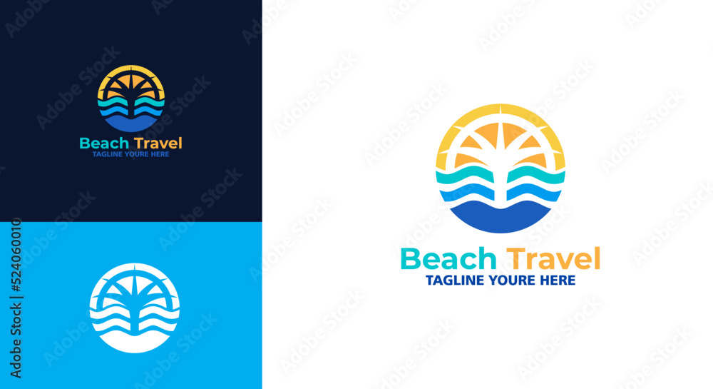 Logo template for beach waves, palm, travel and beach tourism