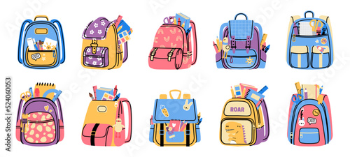 Bags with school supplies. Cartoon elementary school accessories in colorful backpacks with pockets and zips. Vector cute elementary school education equipment set