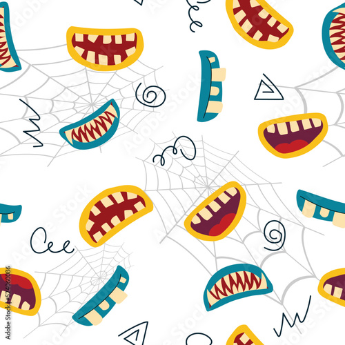 Seamless pattern with creepy monster smiles on white background. Scary mouth print.
