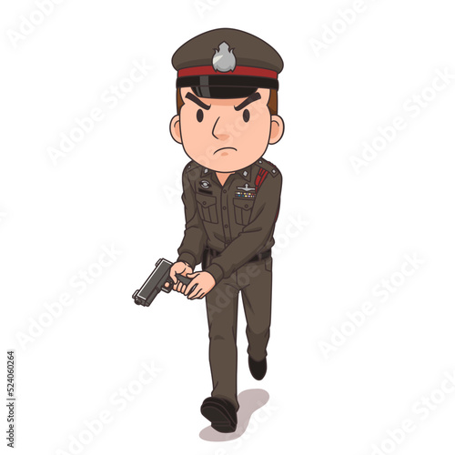 Cartoon character of Thai policeman holding a gun.	