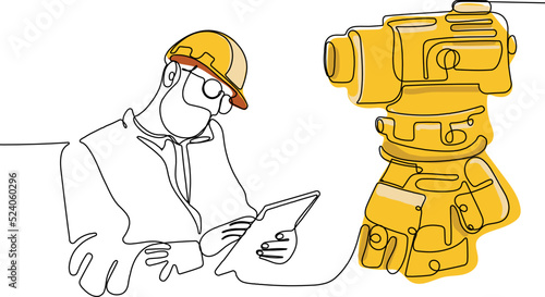 Close up of young Caucasian worker with helmet on head using tablet for work while standing in warehouse. Surveyor with a tripod icon. Geodesic tripod. Vector illustration