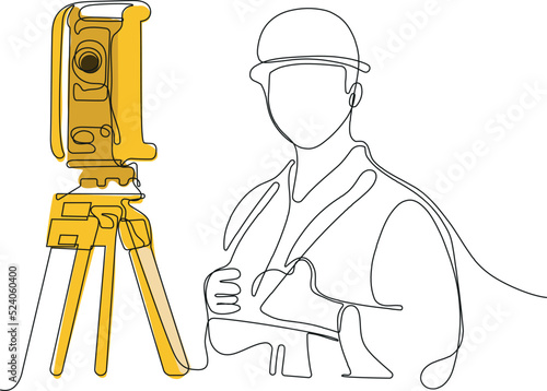 Close up of young Caucasian worker with helmet on head using tablet for work while standing in warehouse. Surveyor with a tripod icon. Geodesic tripod. Vector illustration