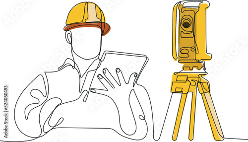 Close up of young Caucasian worker with helmet on head using tablet for work while standing in warehouse. Surveyor with a tripod icon. Geodesic tripod. Vector illustration