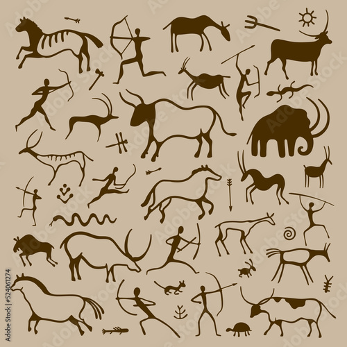 Cave art. Hand drawn primitive ancient symbols of prehistoric hunters animals plants and ornaments, history and anthropology drawing. Vector isolated set